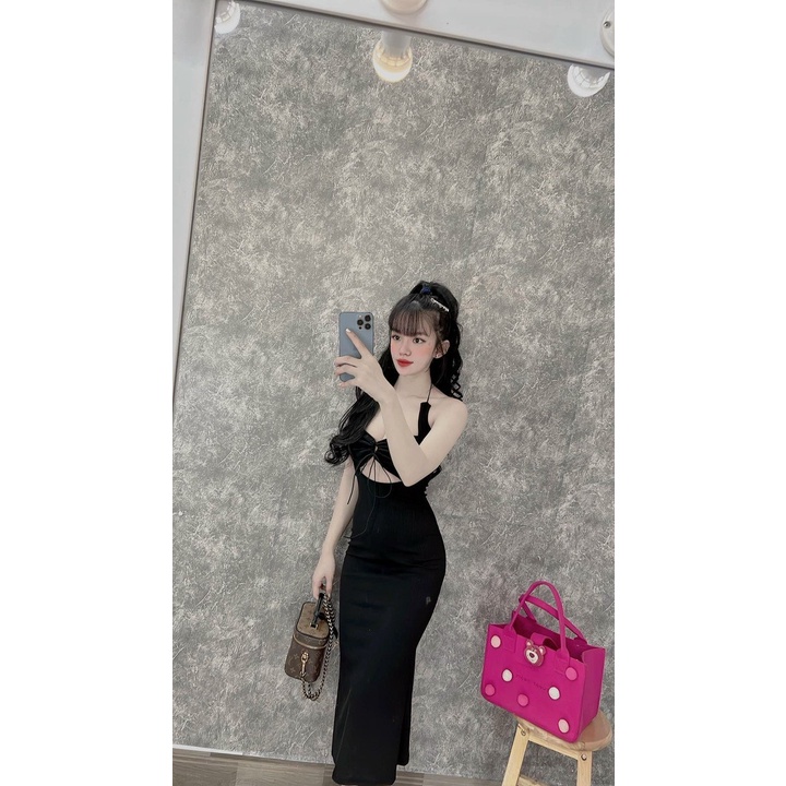 Đầm body 2 dây gân dáng dài rút ngực , khoét eo sexy