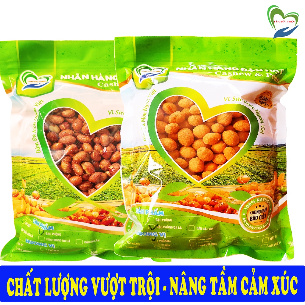 Combo 1KG đậu phộng 2 vị da cá phô mai và đậu phộng rang tỏi ớt Tâm Đức Thiện 2 Túi x 500GR