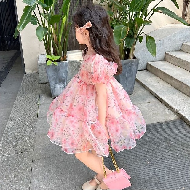 Đầm Công Chúa Ngắn Tay In Hoa Thời Trang Mùa Hè Hàn Quốc Cho Bé Gái