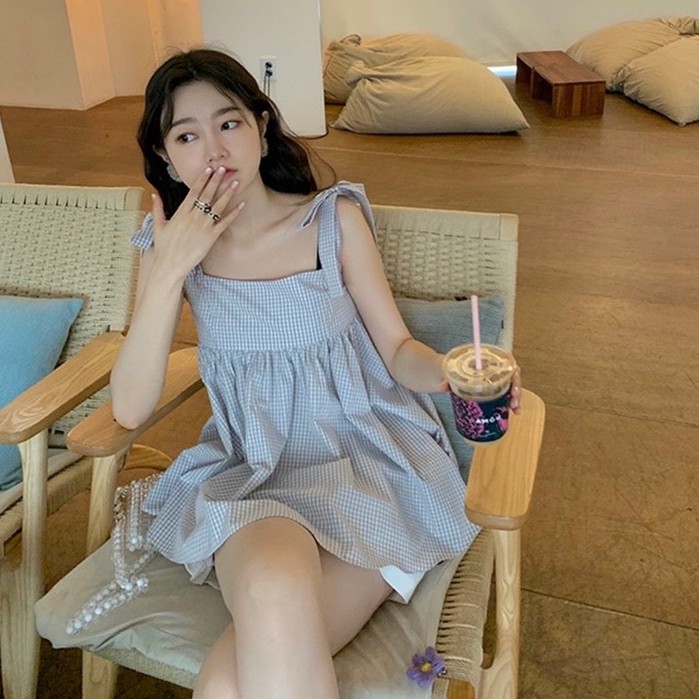 Set babydoll Hàn Quốc S.047, Set áo kẻ caro xanh thắt nơ vai và quần kaki short trắng