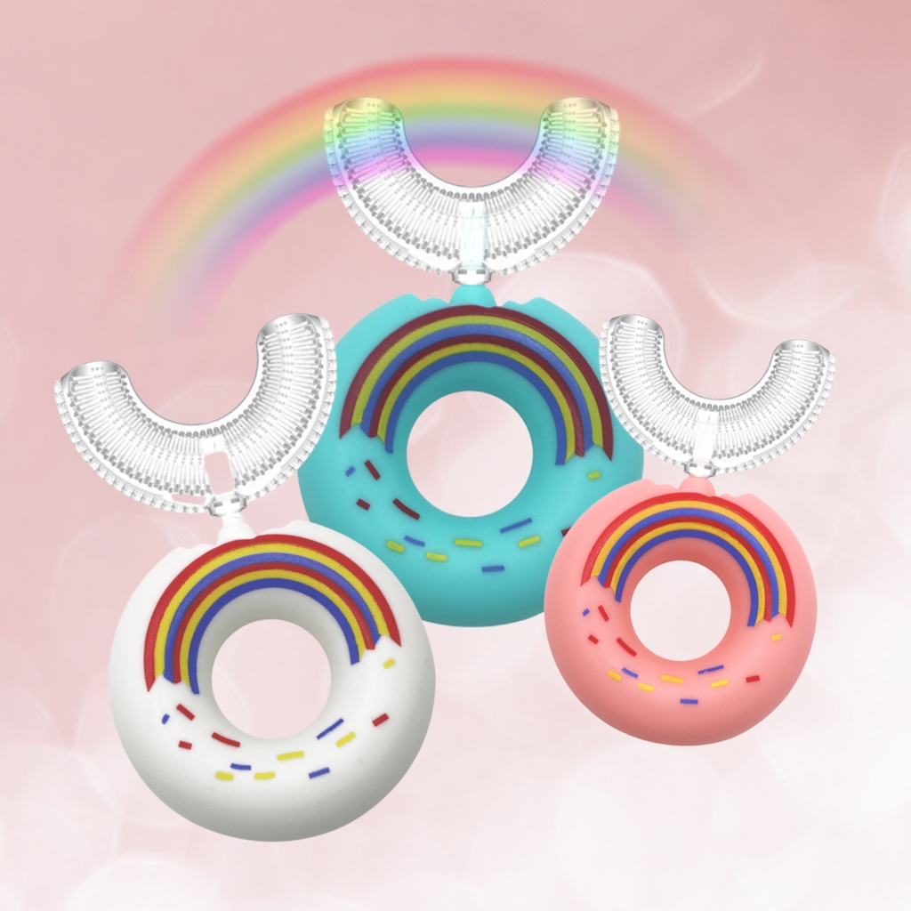 Bàn chải đánh răng Donut Rainbow, bàn chải chữ U cho bé từ 2 - 12 tuổi, hình dáng bánh donut dễ thương