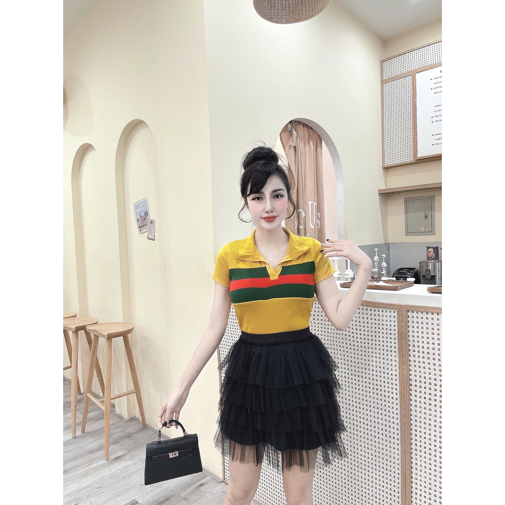 Áo Thun Nữ Cổ Trụ Tay Ngắn,Sọc Ngang Ngực Hot Trend,Ảnh Shop Tự Chụp,Kho Sỉ Sài Gòn, Kèm Siêu Quà Tặng