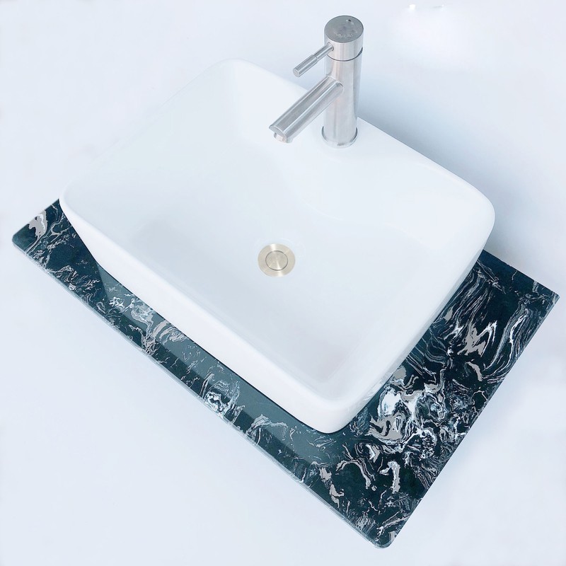 Bàn đá hoa cương để chậu rửa mặt lavabo cao cấp, đá dày 12 mm, khung treo inox chắc chắn