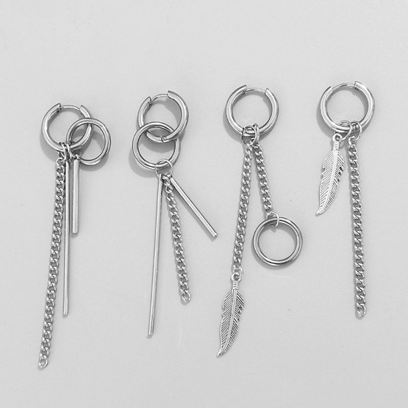 Bộ 4 Khuyên Tai Dạng Dây Xích Dài Bằng Thép Không Gỉ Màu Bạc Đơn Giản Thời Trang Cho Nam Và Nữ