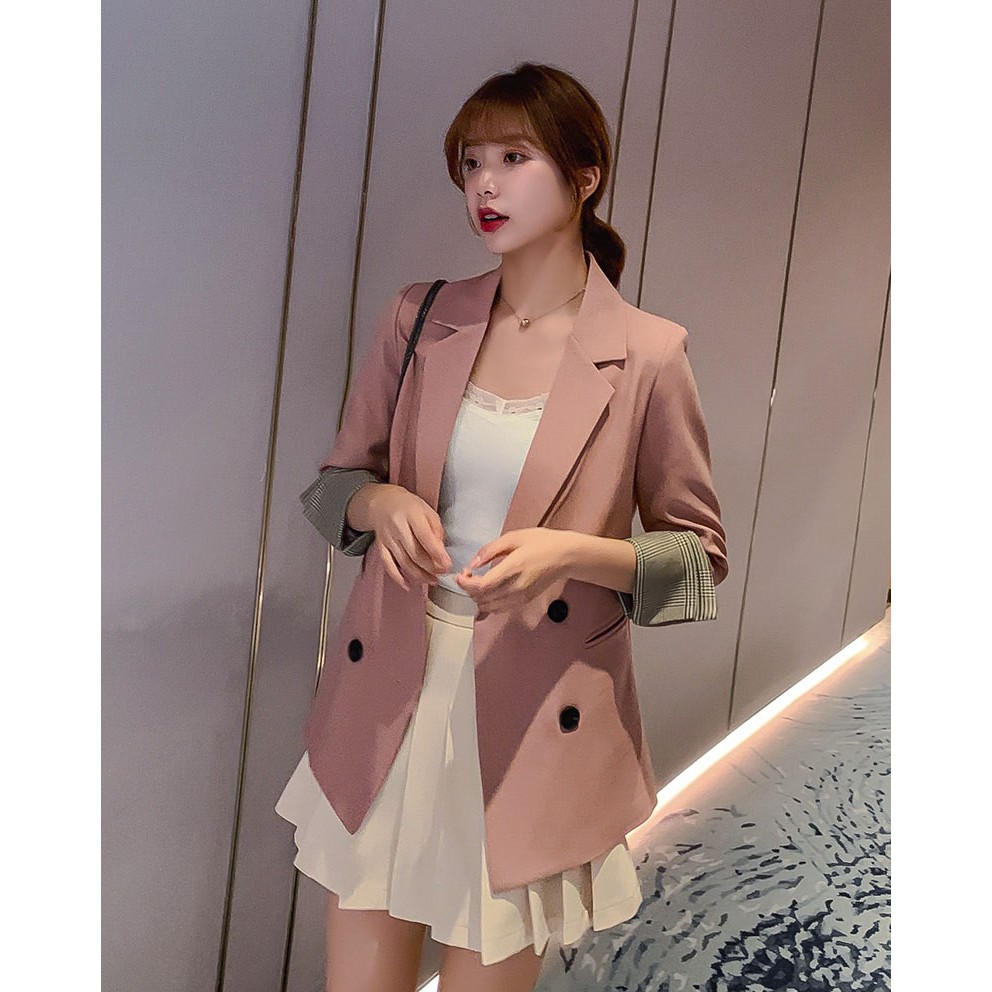 Áo Blazer màu hồng cổ tay caro chất vải cao cấp TN1318-H