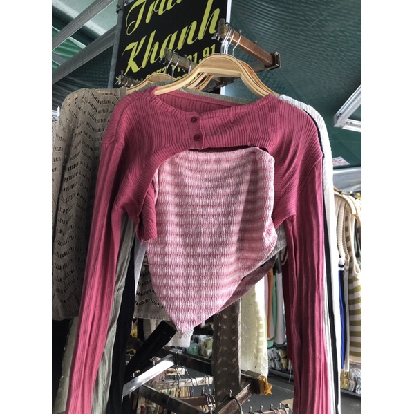 Set Áo Dây Trơn Màu Và Áo Cadigan Len Mỏng