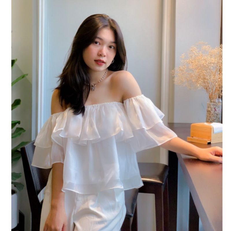 Áo trễ vai 2 tầng vải tơ, áo kiểu nữ bánh bèo xinh xắn