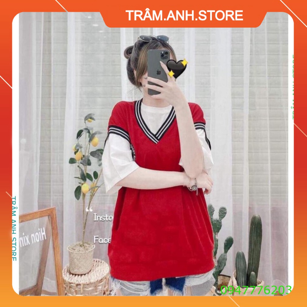 💝👗 Áo Gile Nữ Kèm Áo Thun Trắng - Set Áo Gile Đỏ Logo Trước Ngực Viền Sọc Cổ V Yellow F Ulzzang Tặng Kèm 👑