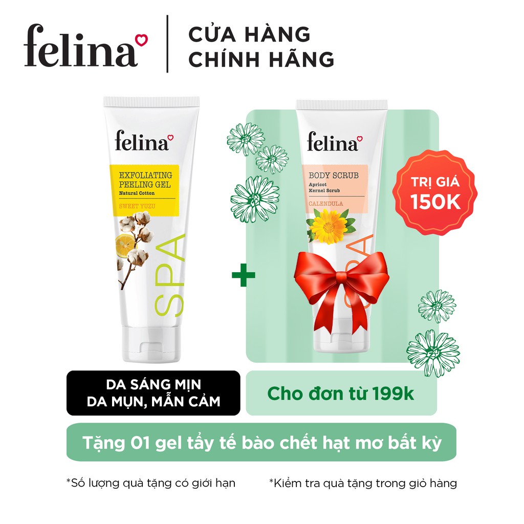 Tẩy tế bào chết Felina dạng Gel 300ml - Sợi bông vải chiết xuất Cam Yuzu