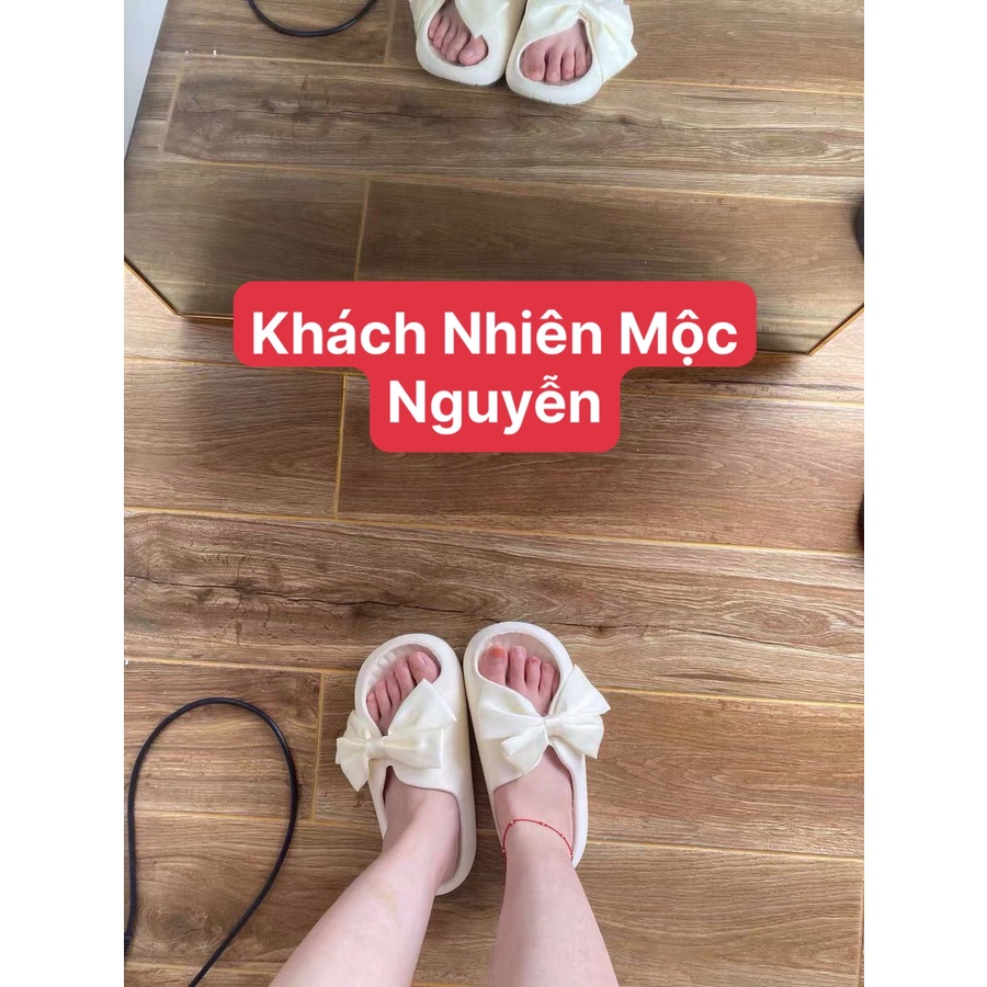 Dép đi nhà, dép quai ngang nữ chất cao su siêu nhẹ đính nơ vải đế bằng chống trơn cực xinh hàng sẵn