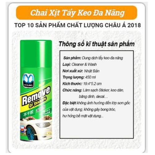 Chai xịt tẩy keo băng dính [Chai Màu Xanh Lá]Remove Of Stickers 450ml, vết băng dính, tẩy đa năng đồ nội thất ôtô
