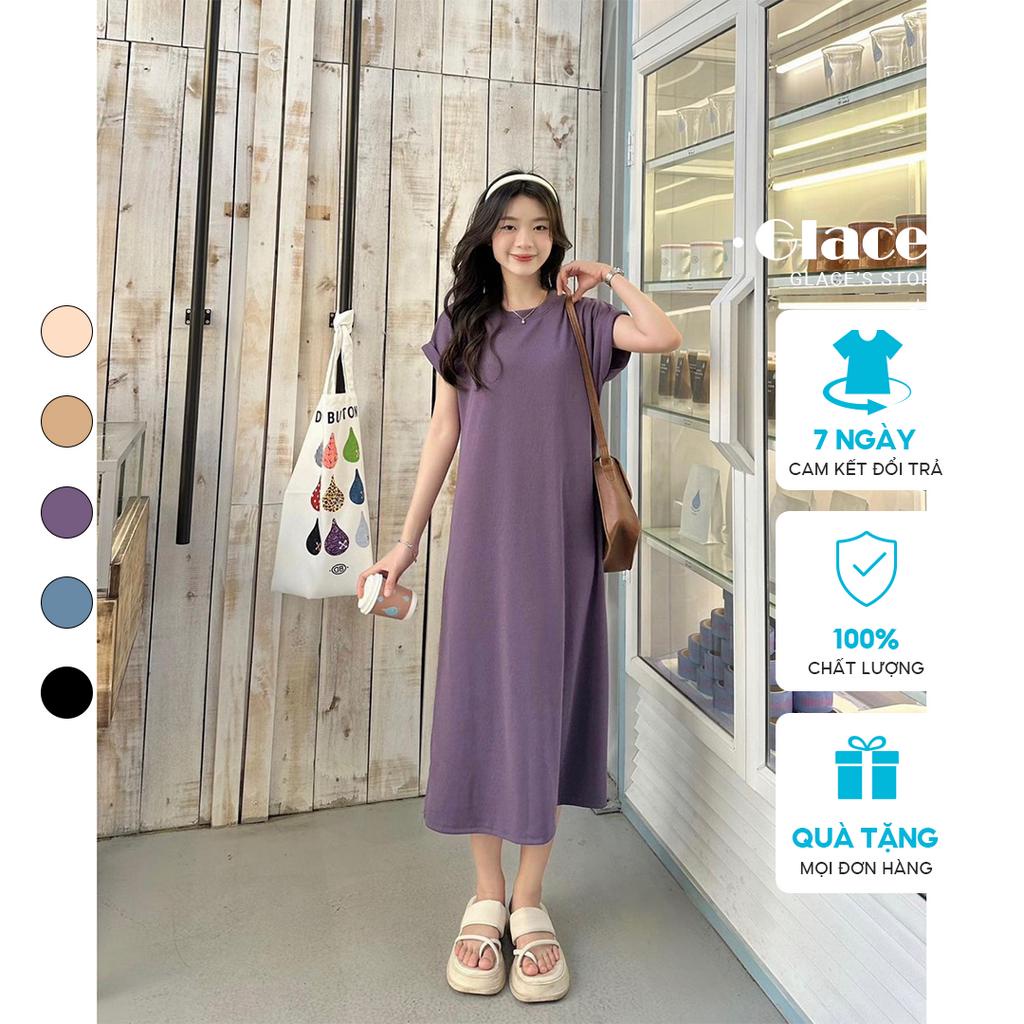 Váy basic dáng suông GLACE Váy đầm tay hến dáng  suông dài qua gối, vải tăm sọc gân, rộng rãi phong cách Hàn Quốc