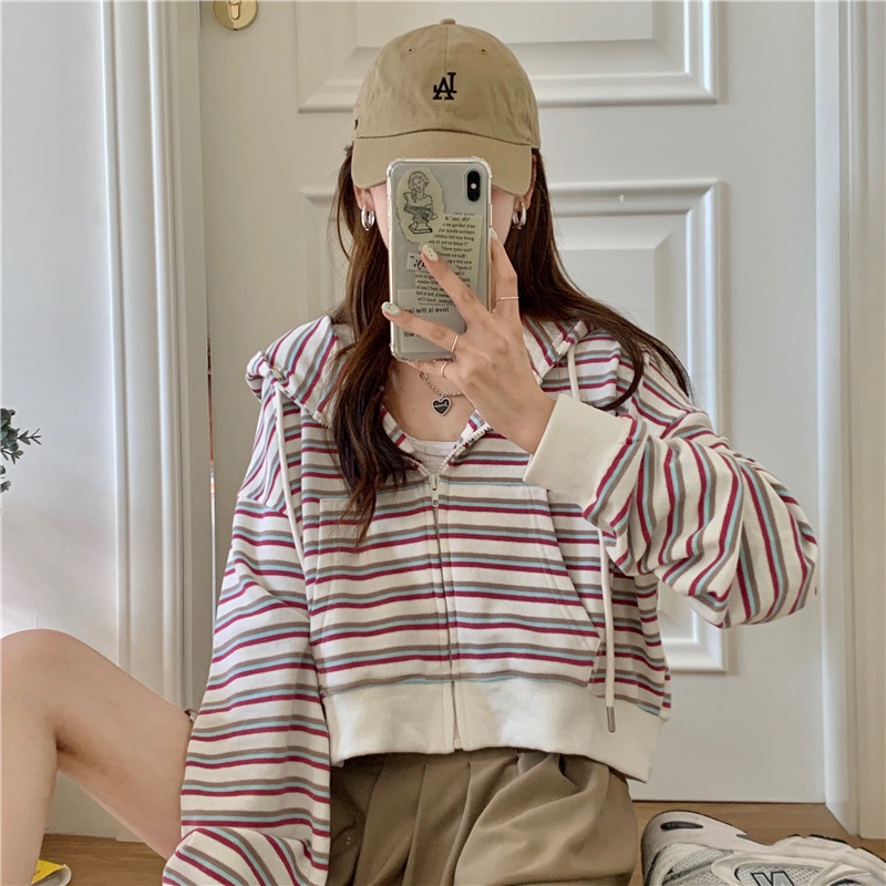 Áo Khoác cardigan Có Nón Dáng Rộng Ngắn Họa Tiết Kẻ Sọc Thời Trang Mùa Thu 2022 Mới