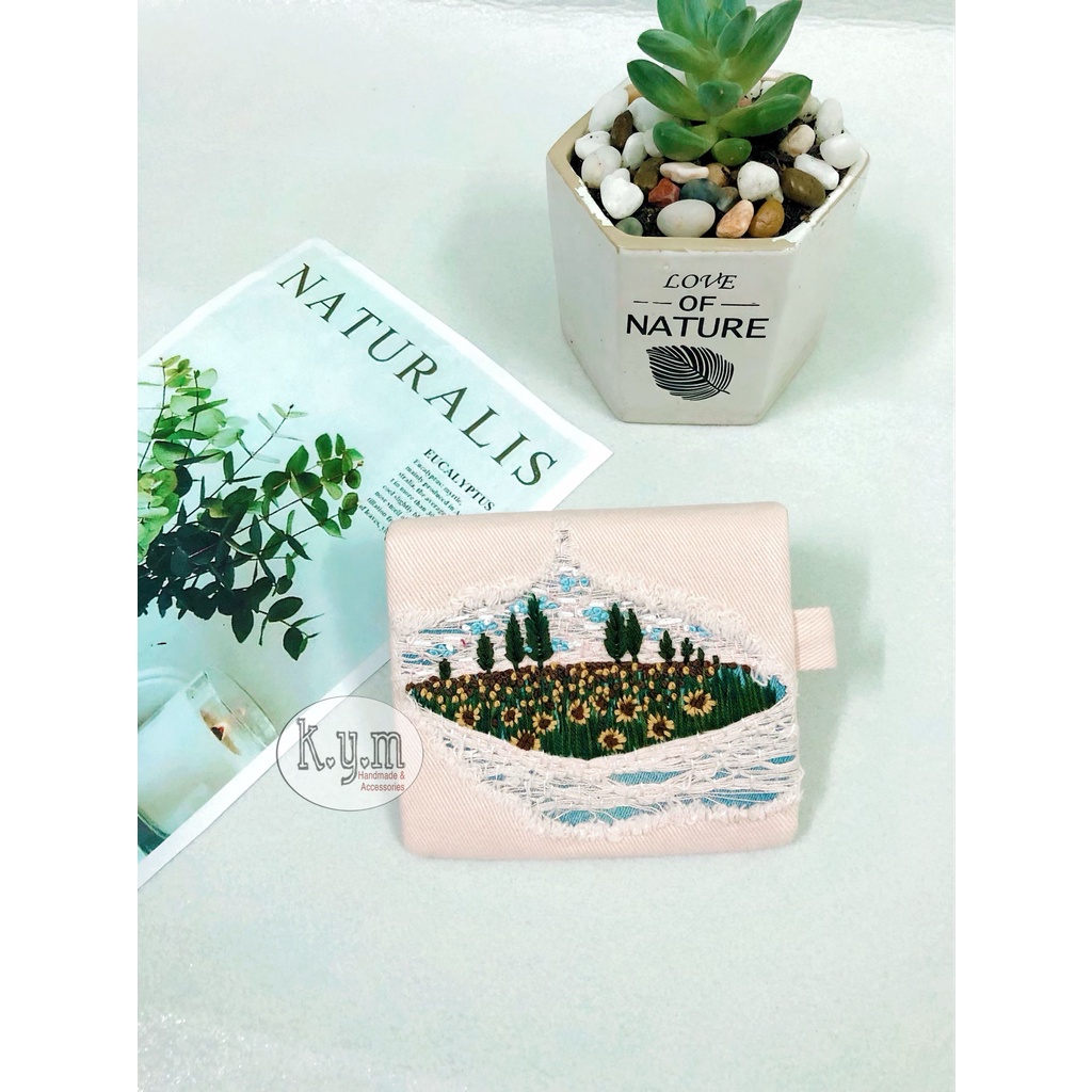 VÍ THÊU TAY vườn hoa hướng dương xử lý chất liệu, kích thước 10*12CM