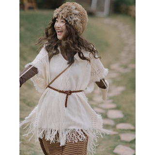 (sẵn) Áo len boho dáng rộng tua rua dáng khăn