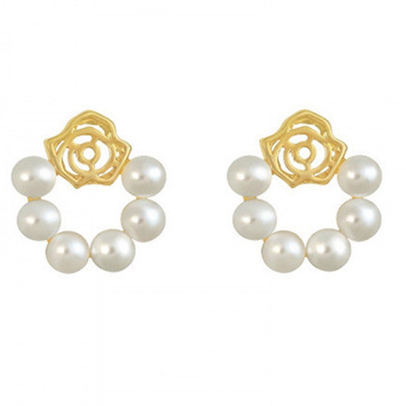 Khuyên Tai Hình Tròn Đính Hoa Trà Và Ngọc Trai Thời Trang Cho Nữ