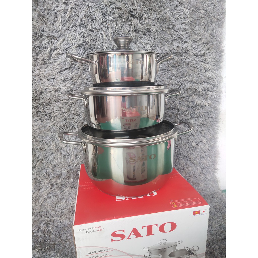 [ Mua Bộ Nồi Tặng Bếp Từ ] Bộ nồi inox 3 đáy chính hãng SATO. Bảo hành 12 tháng