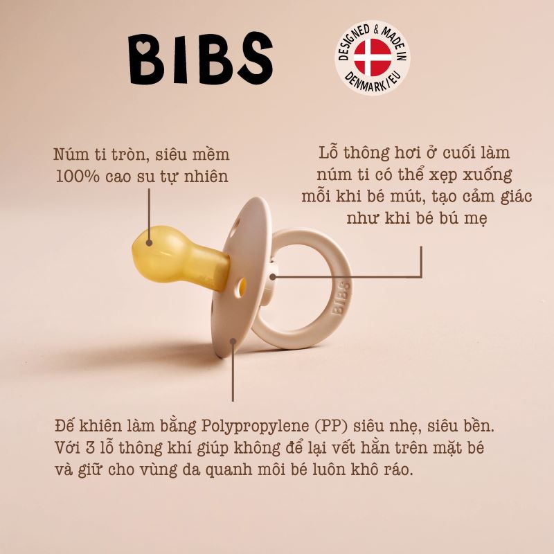 Núm ti giả BIBS nhập khẩu chính hãng Đan Mạch chất liệu cao su cao cấp, ti ngậm hỗ trợ chỉnh nha cho bé - BaByC