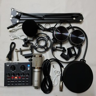 combo Mic thu âm livetream hát karaoke ( trọn bộ v8,mic, chân kẹp, màn lọc) tai nghe