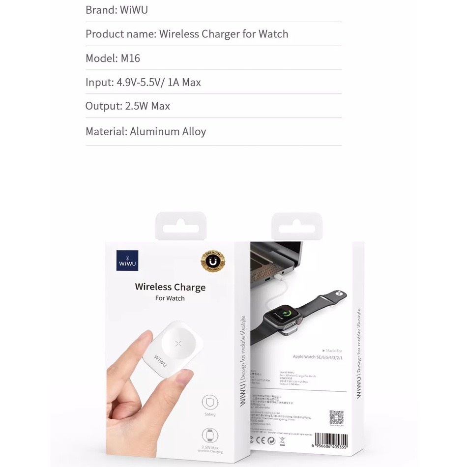 Đế sạc nhanh siêu nhỏ gọn cho Đồng hồ thông minh AW 7 , 6 , 5 , 4 , SE , Series 1 bản thép chính Hãng WIWU M16