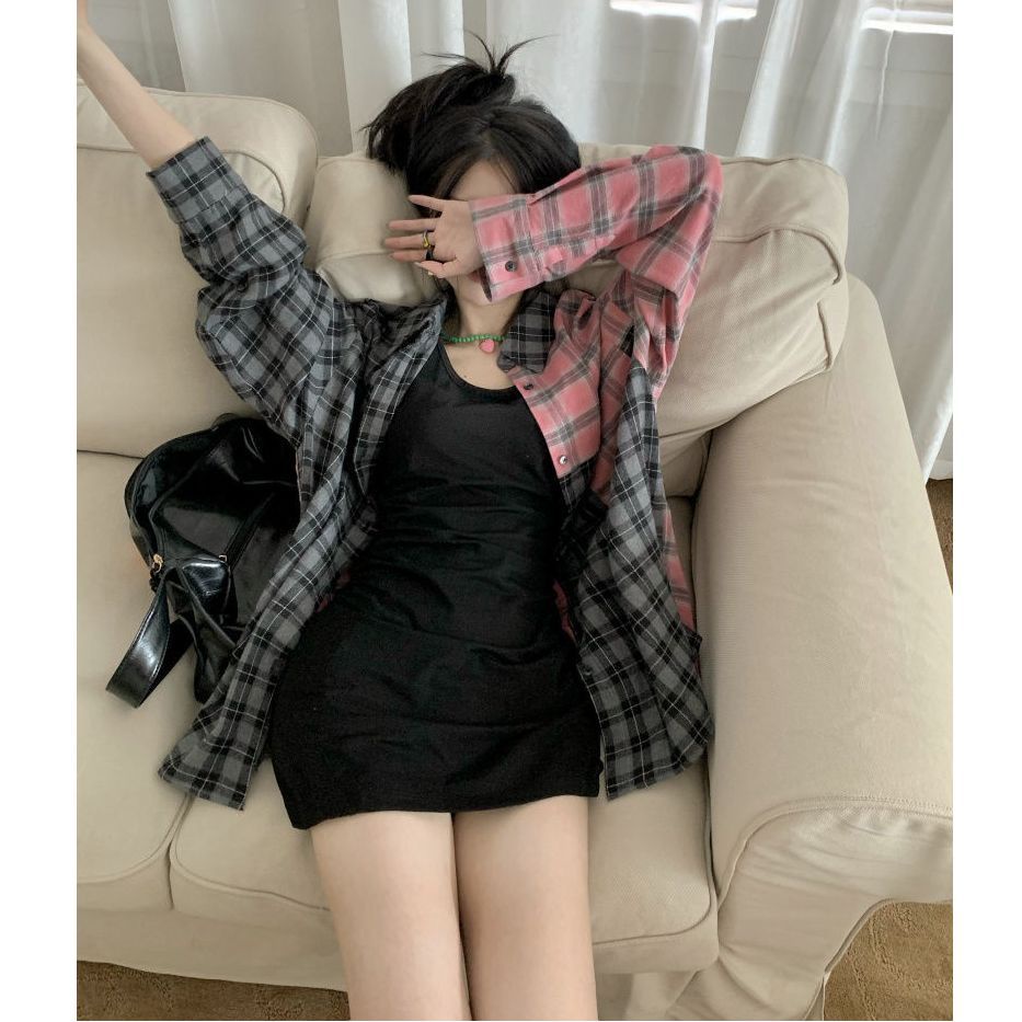 Áo Sơ Mi Chống Nắng Tay Dài Dáng Rộng Họa Tiết Sọc Caro Thời