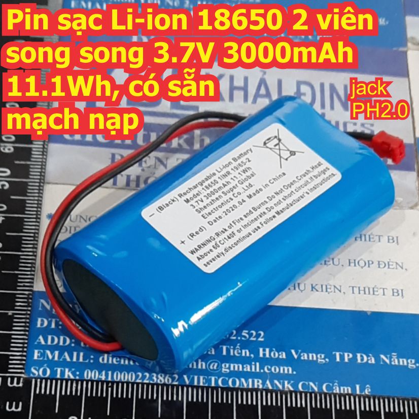 Pin sạc Li-ion 18650 2 viên song song 3.7V 3000mAh 11.1Wh, có sẵn mạch nạp kde8039