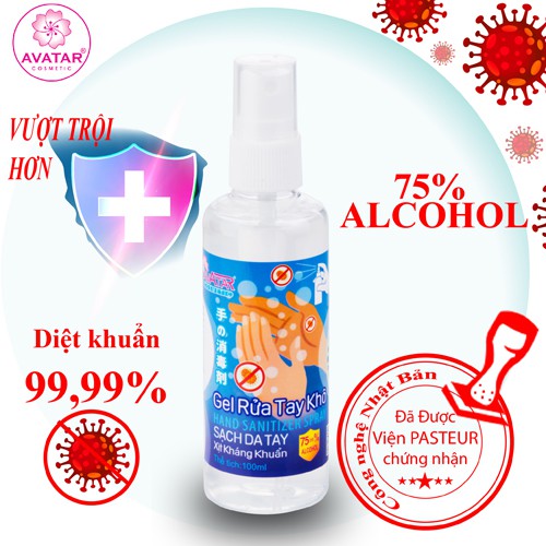 Gel rửa tay khô AVATAR - Xịt kháng khuẩn - Dạng xịt - 75% CỒN (100ml) - Có chứng nhận chất lượng từ PASTEUR