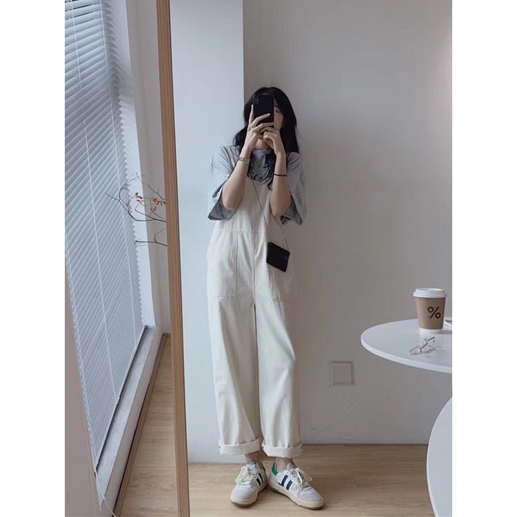 Yếm quần kaki nữ form rộng unisex oversize phong cách ulzzang màu be