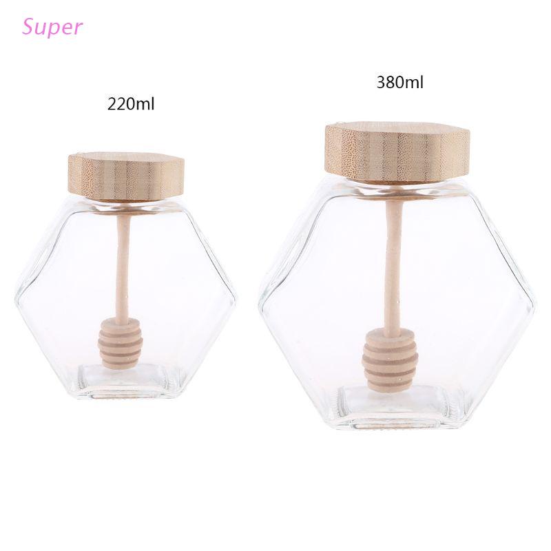 Hũ đựng mật ong hình lục giác bằng thủy tinh trong suốt có nắp gỗ