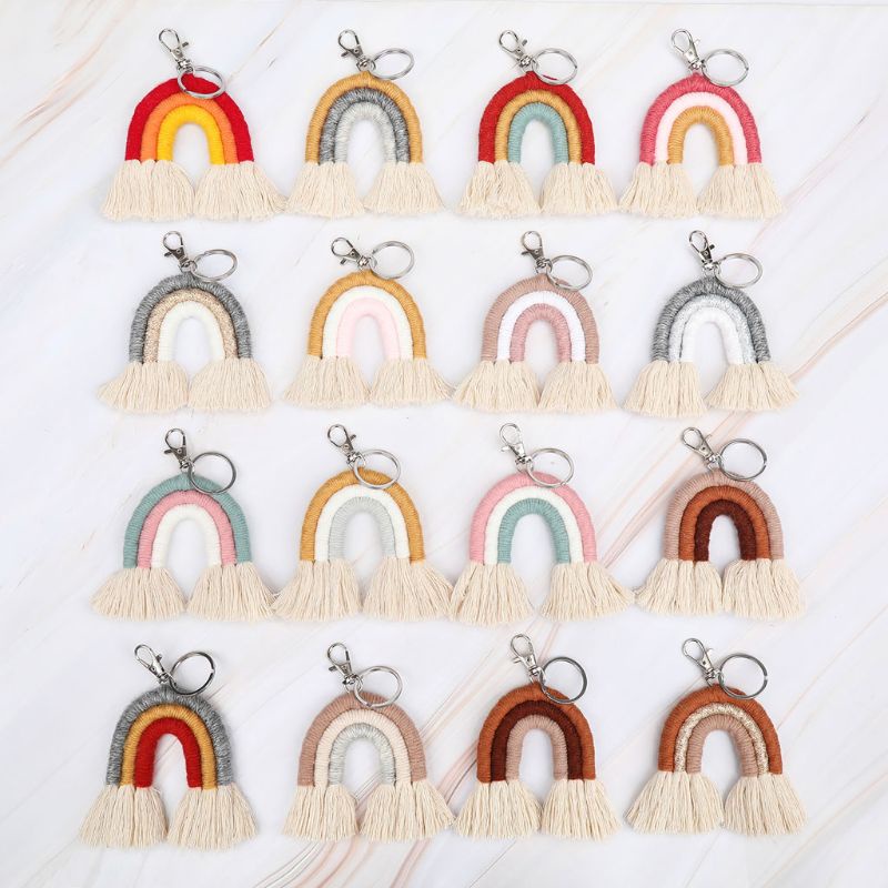 Móc khóa dây bện màu cầu vồng tua rua Macrame cho nữ