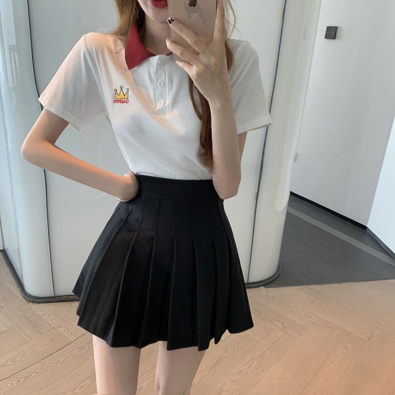 Ready Stock Summer 2021 Sweet and Wild Cotton Polo Collar Embroidered T-shirt + Wild High Waist and Thin Pleated Skirt Set Women
