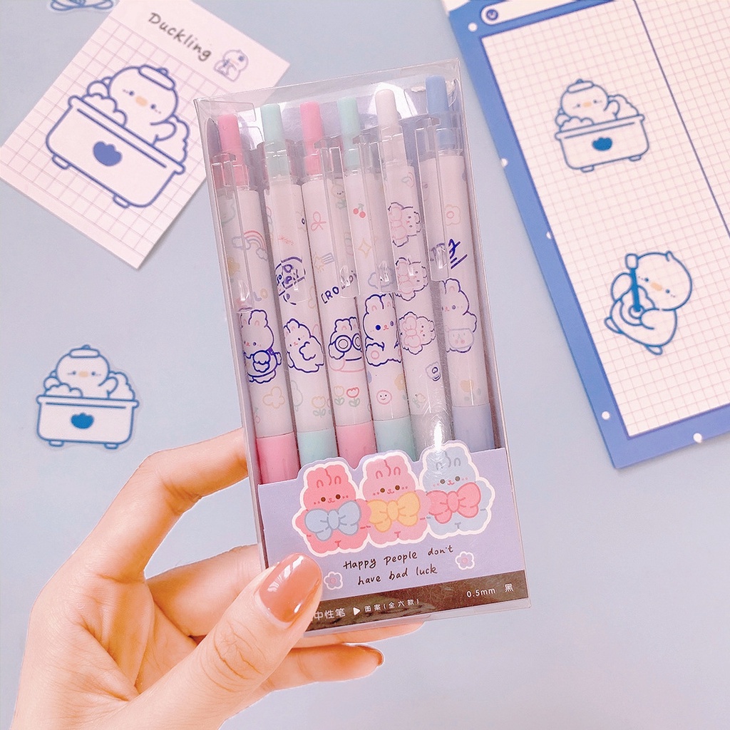 Set 6 Bút Mực Gel Ngòi 0.5 Màu Đen Kiểu Hoạt Hình Xinh Xắn