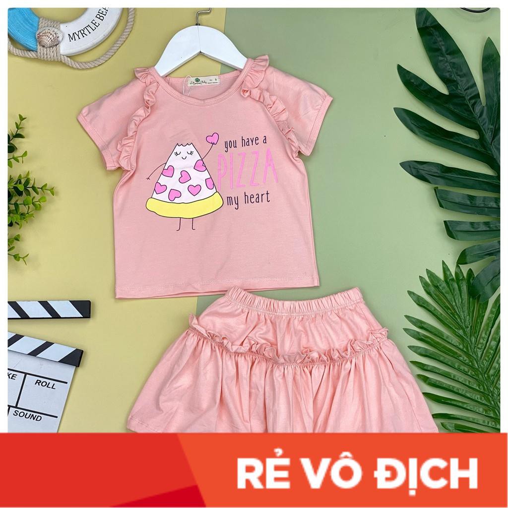 Bộ cotton bé gái chân váy hình cái bánh, tay viền beo, size 3-10, cho ban 12-30kg. Chất cotton 4 chiều đẹp