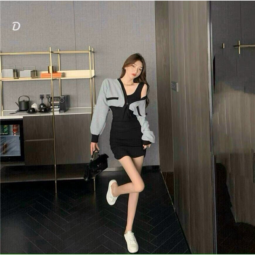 Set đầm nữ ôm body kèm áo khoác dáng croptop siêu xinh gái, dễ thương, sexy - HOT2022