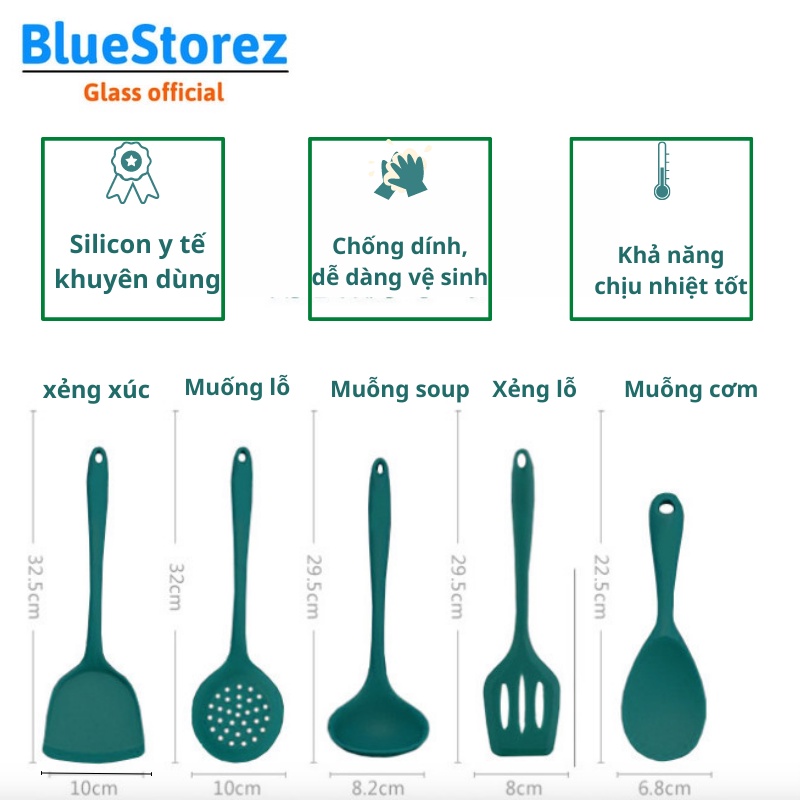 Bộ dụng cụ thìa nấu ăn nhà bếp Silicon , Set đồ dùng nấu ăn nhà bếp Silicon 5 món chống dính cao cấp Kitchen-BLUE STORE