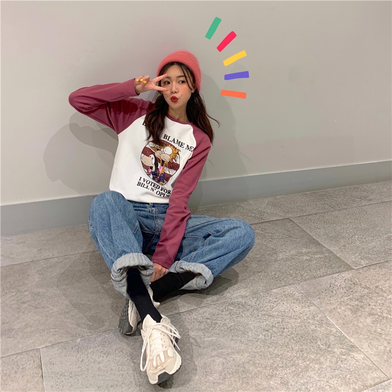 SUXI Áo thun dài tay dáng rộng in hoạt hình phối màu xinh xắn cho nữ