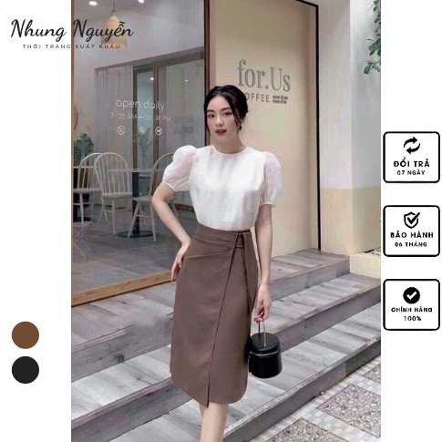 Chân váy công sở dáng A ôm body, vạt lá chéo cách điệu trẻ trung, vải hai biên cao cấp