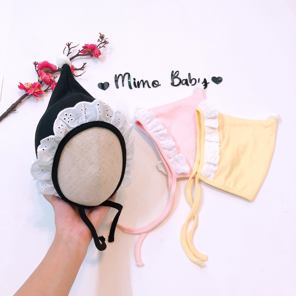 Mũ cotton cho bé dáng chóp viền ren (0-12m)