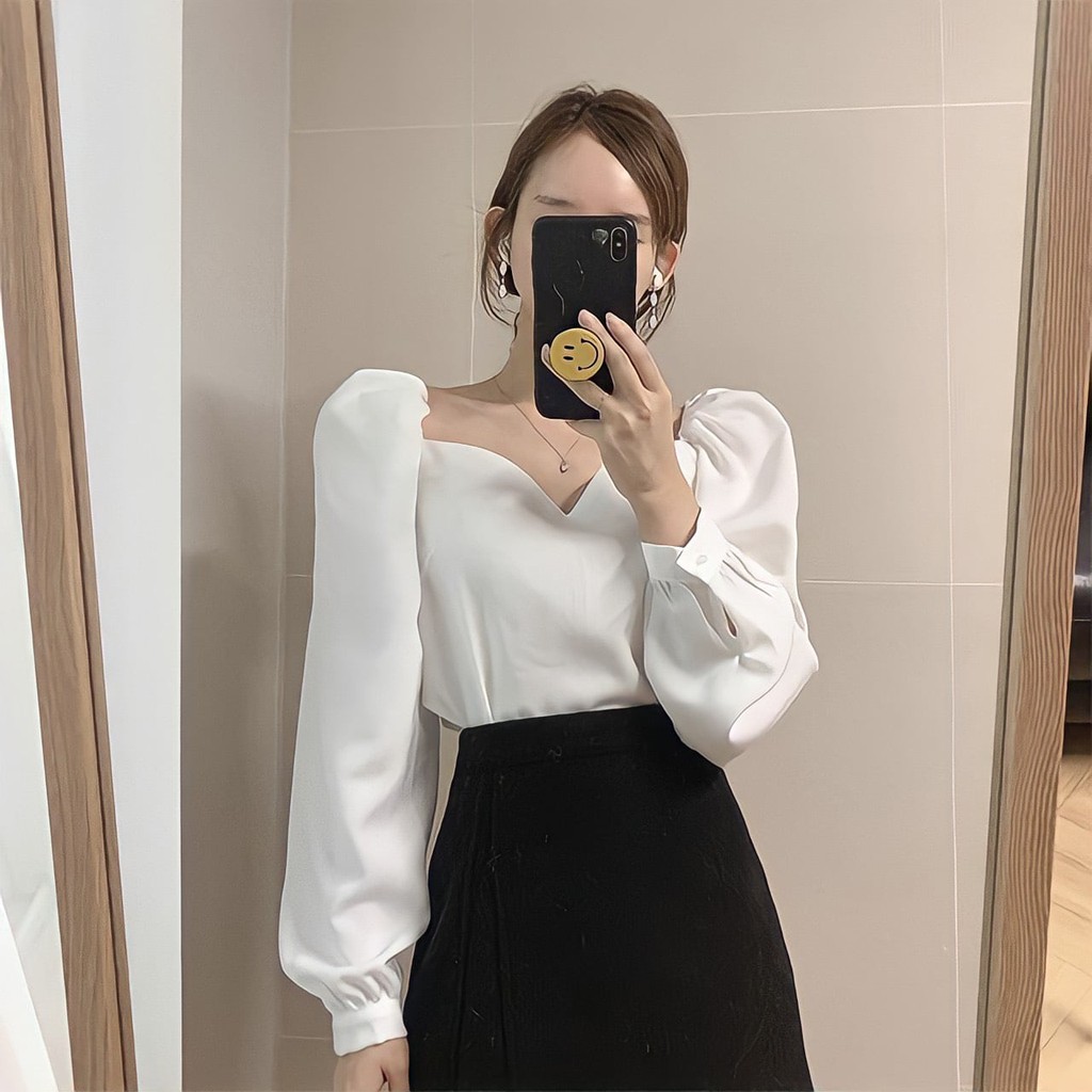 Áo cổ vuông dài tay chất liệu cotton phong cách Hàn Quốc