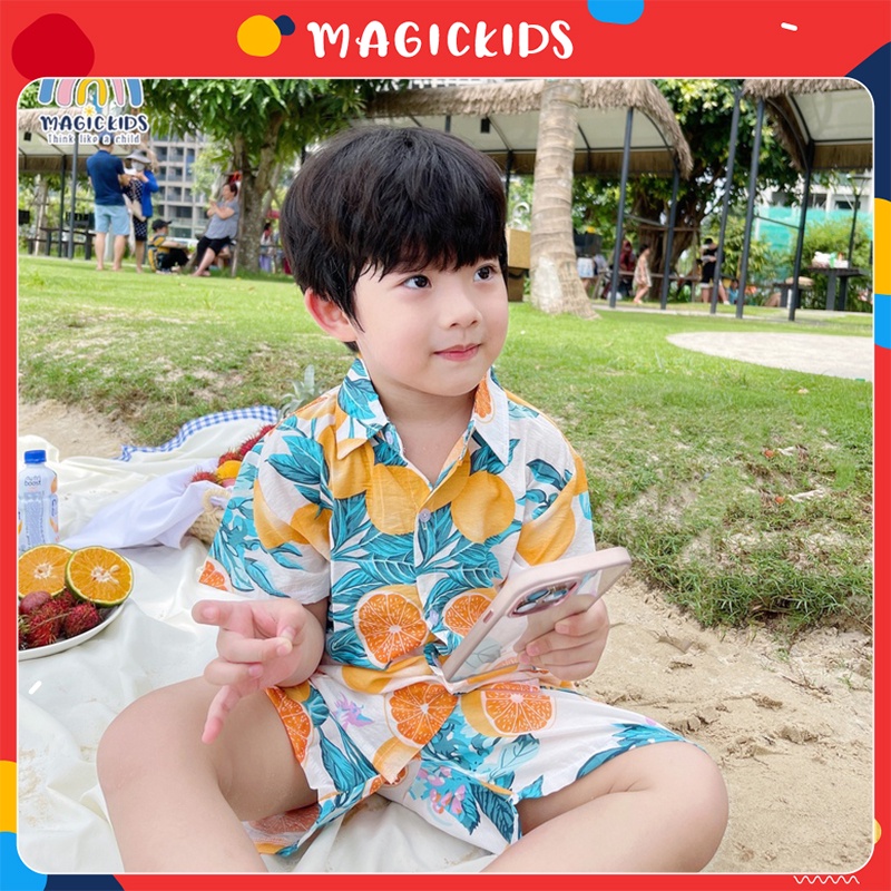 Đồ bộ đi biển bé trai bé gái 1 2 3 4 5 6 7 8 tuổi Magcikids Áo sơ mi quần đùi chất tơ đũi mềm mại Quần áo trẻ em BR22005