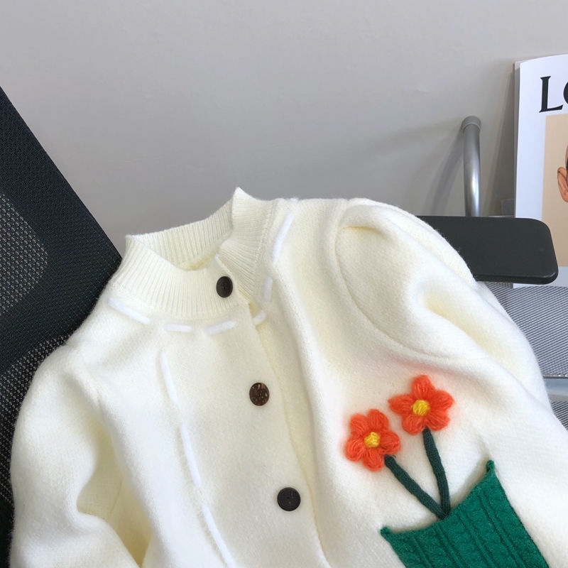 Áo khoác cardigan dệt kim Pure Cube dáng rộng ngắn thêu họa tiết tươi mới xinh xắn cho nữ