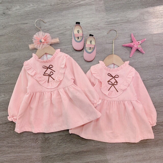 [Mã 11FASHIONSALE1 giảm 10k đơn 50k] Váy nhung tăm 2 nơ cho bé gái