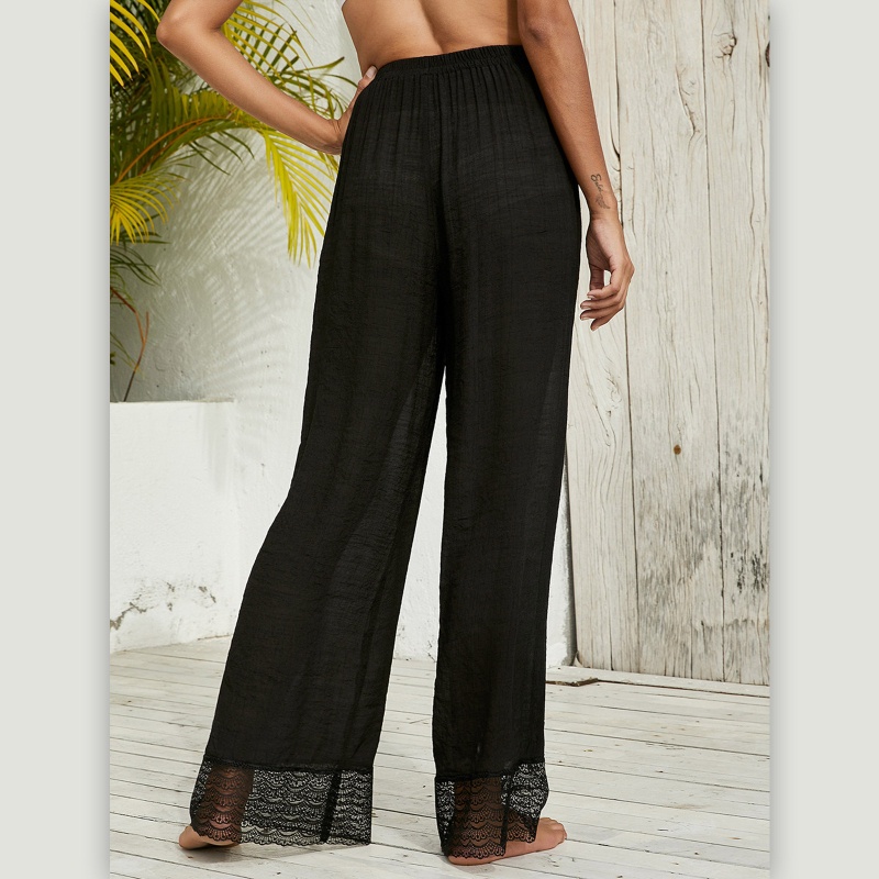 Brroa Quần Ngủ Cotton Lanh Ống Rộng Phối Ren Lưng Cao Xuyên Thấu Cho Nữ