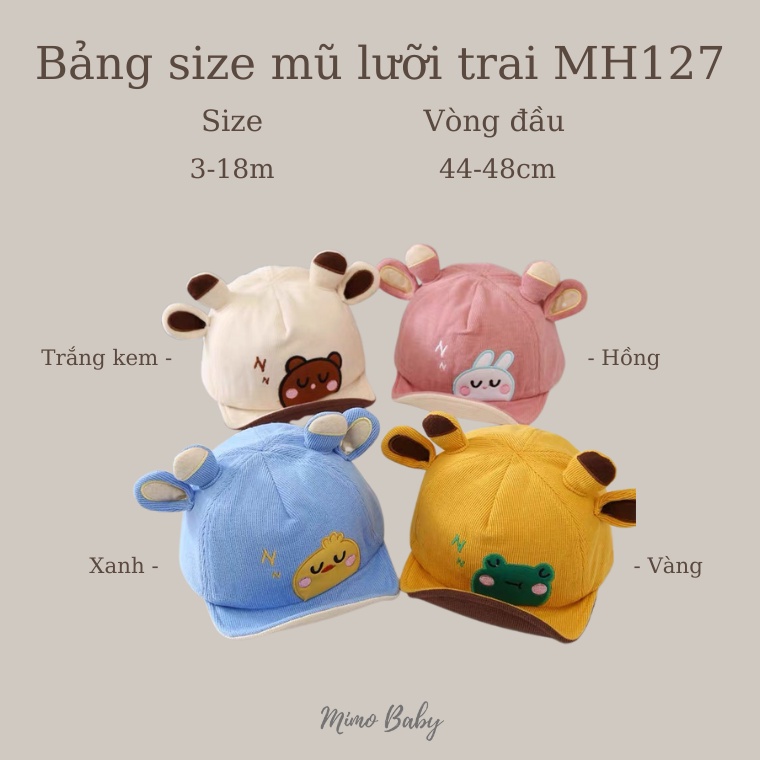 Mũ nón lưỡi trai mềm, mũ tai hươu họa tiết con vật dễ thương cho bé MH127 Mimo Baby