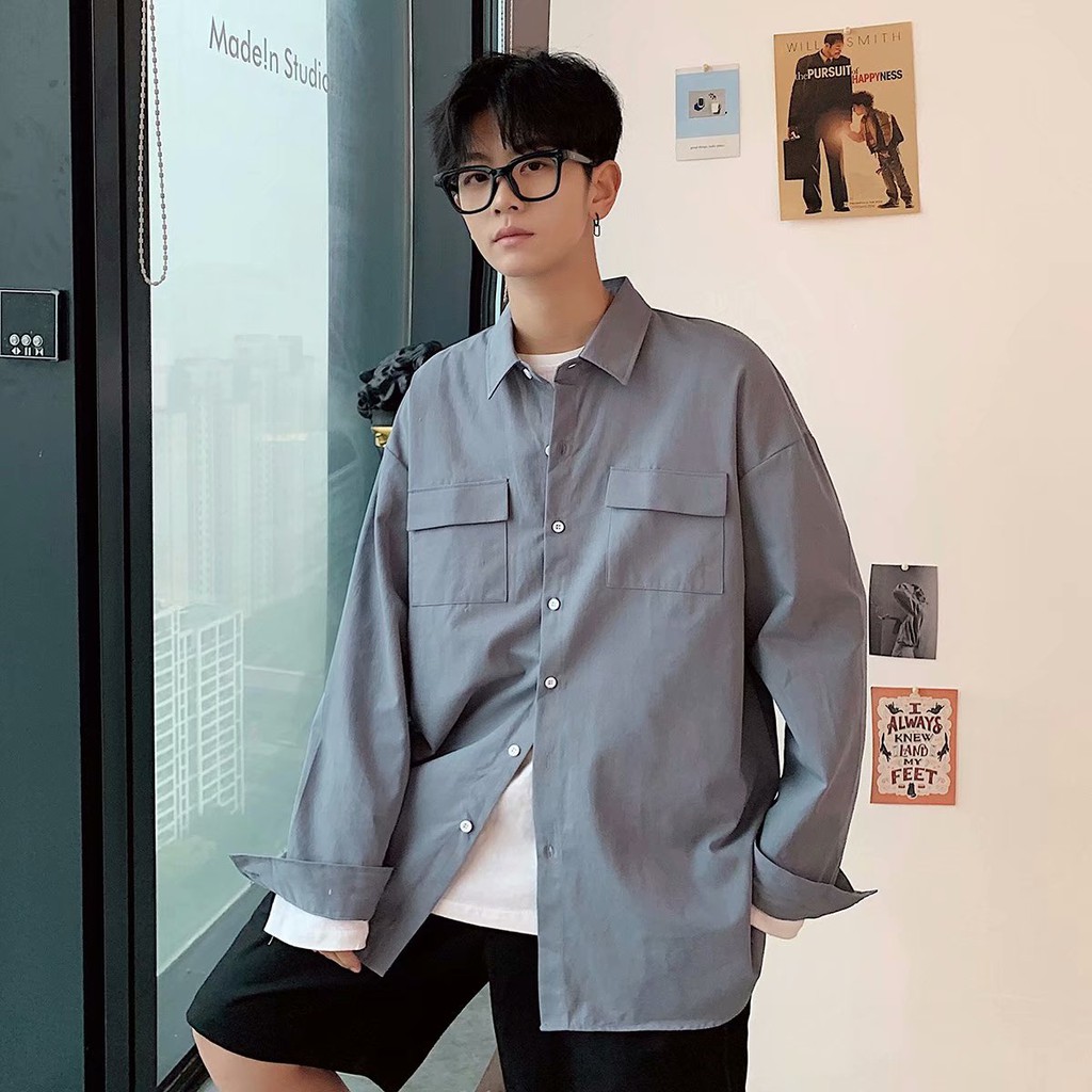 Áo sơ mi nam tay dài thời trang Hàn Quốc nhiều túi size M - 3XL