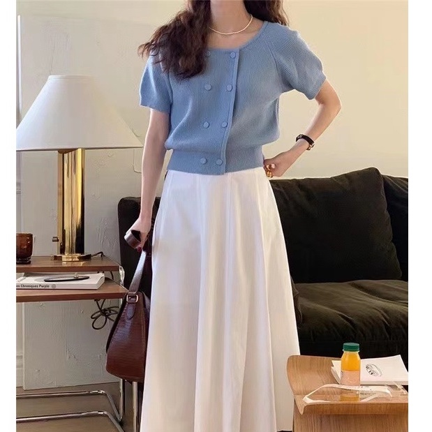 Áo Dệt Kim Tay Ngắn Cổ Tròn Hàng Nút Đôi Phong Cách Mùa Xuân Nhẹ Nhàng Kiểu Mới 49407