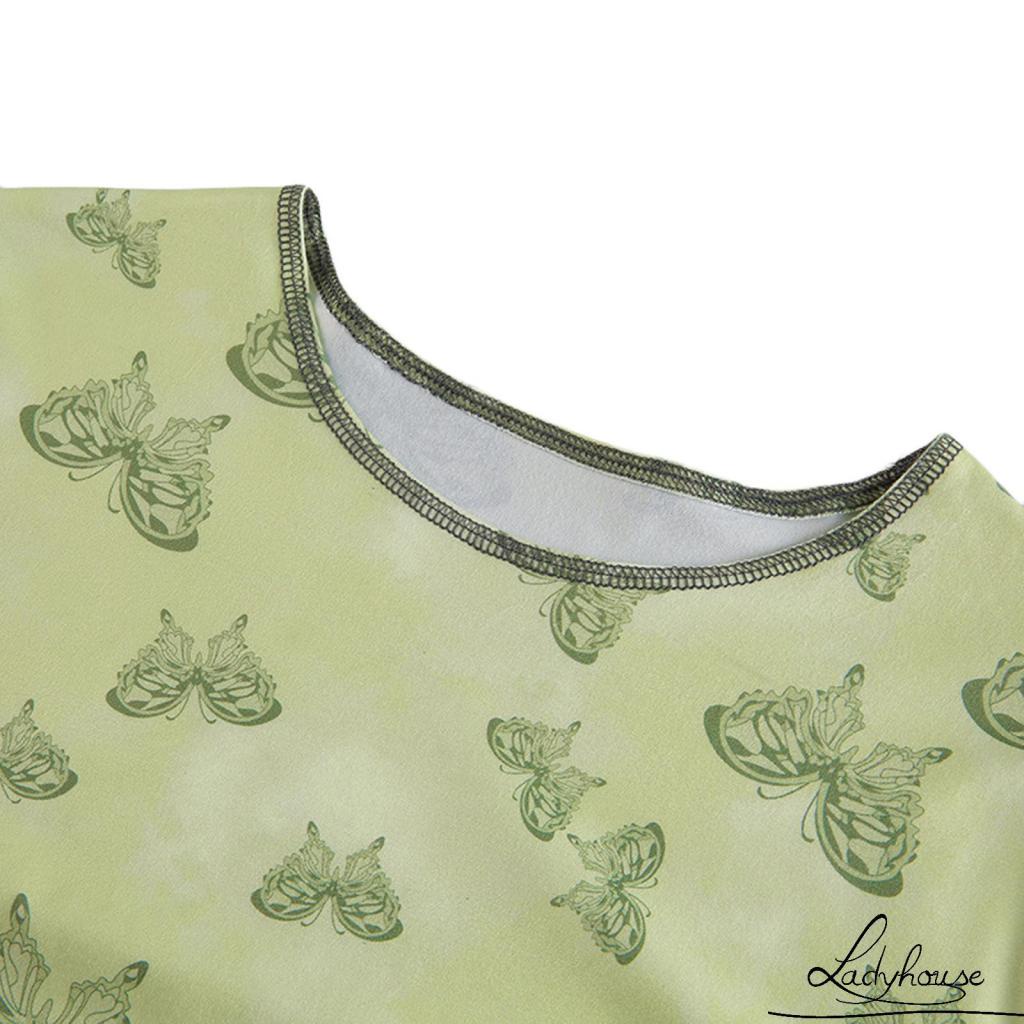 Áo thun tay dài cổ tròn in họa tiết bướm màu sắc thời trang cho nữ