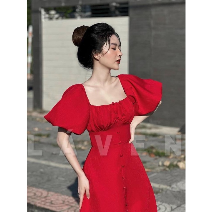 Váy đầm nữ dáng xòe tay phồng phối hàng nút sẻ tà (có mút ngực)