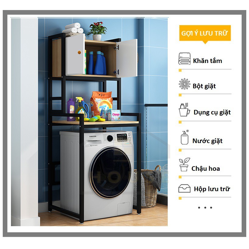Kệ Máy Giặt 3 Tầng Có Tủ Đa Năng Mã Kmg06 Chính Hãng 9House Để Máy Giặt Cửa Trước Loại Khung Thép Dày Gỗ Chống Ẩm