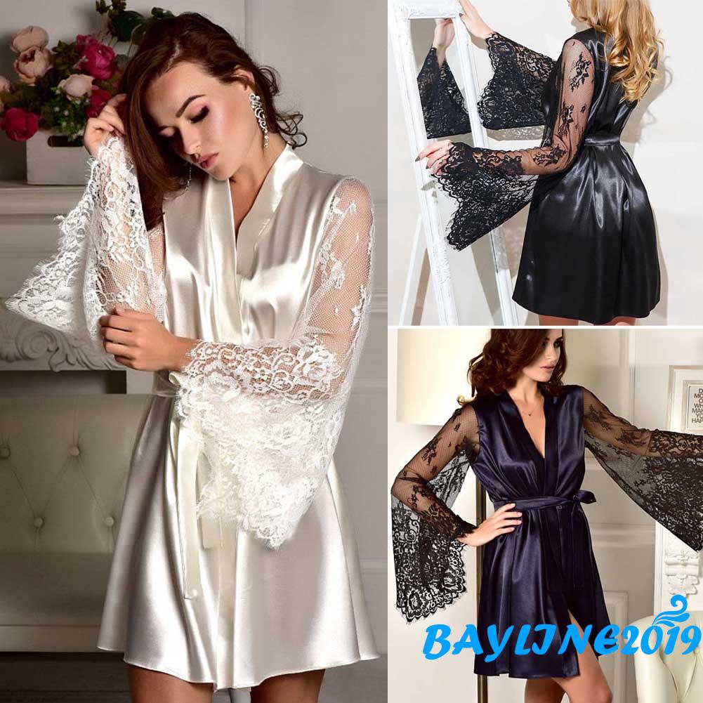 Đầm ngủ tay dài cổ chữ V phối ren quyến rũ cho nữ